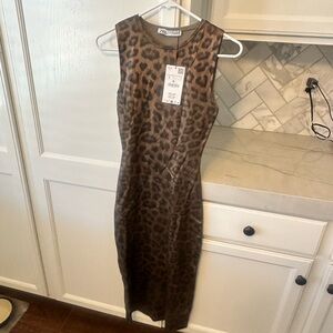 Zara Leopard Print Sleeveless Midi Dress in Brown